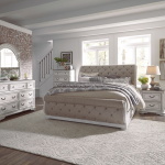 Magnolia Manor - 5 Piece Bedroom Set (California King Upholstered Sleigh Bed, Dresser & Mirror, Chest, Nightstand) - Antique White