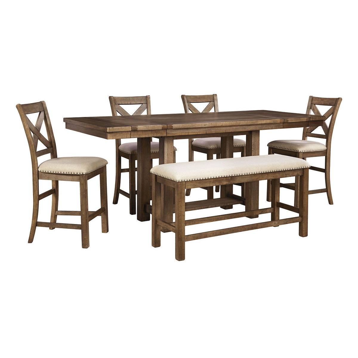 93dafac5f6ccffb2f28384dbd110350e Moriville - 6 Pc. - Counter Extension Table, 4 Barstools, Bench - Dark Gray - Image 1