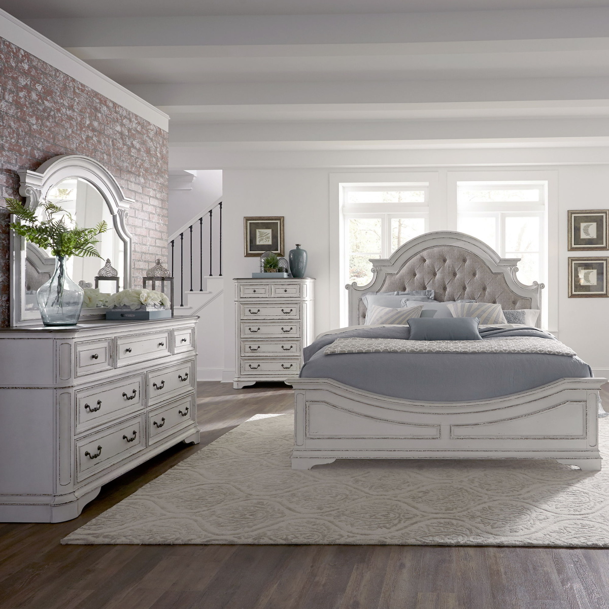 6ad3ae22f4400c9e20a4be784ee8f596 Magnolia Manor - 4 Piece Bedroom Set (Queen Upholstered Bed Wooden Footboard, Dresser & Mirror, Chest) - Antique White - Image 1