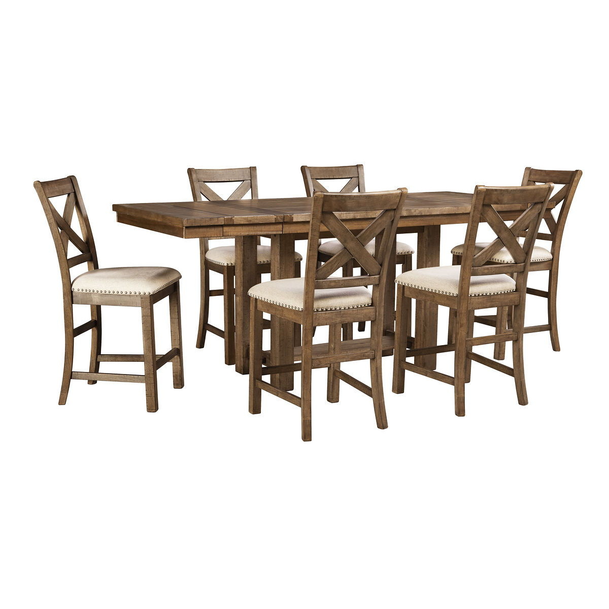 82f403514bc5a4bcc13f6d1ad26fb011 Moriville - 7 Pc. - Counter Extension Table, 6 Barstools - Dark Gray - Image 1