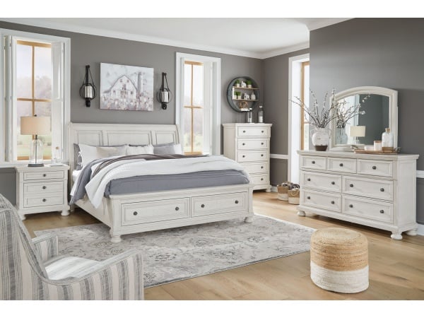 Robbinsdale – 6 Pc. – Dresser, Mirror, Chest, California King Sleigh Bed With 2 Storage Drawers – Antique White Bedroom Sets