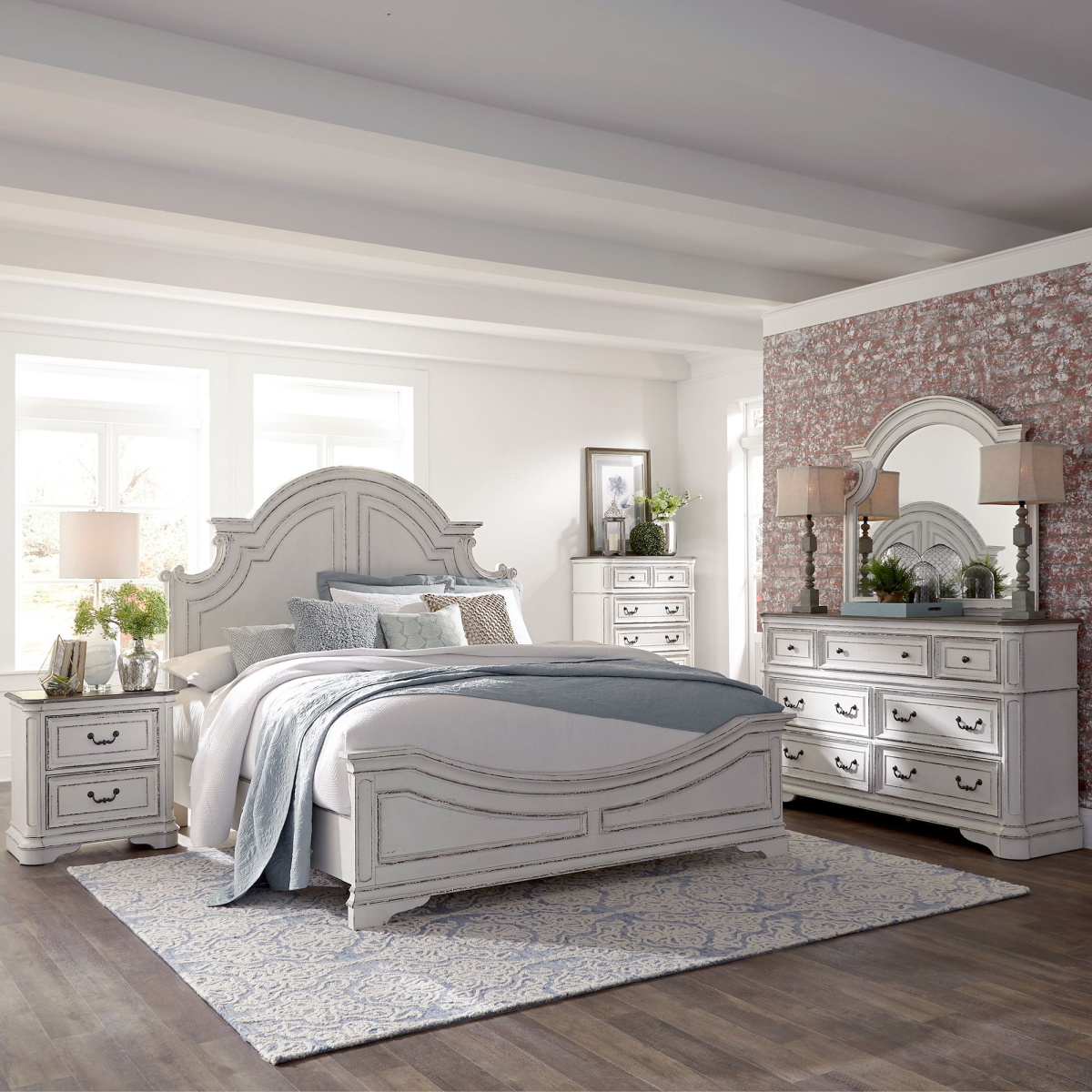 f13f0d4228fe56f57c5ce04074b02759 Magnolia Manor - 5 Piece Bedroom Set (King Panel Bed, Dresser & Mirror, Chest, Nightstand) - Antique White - Image 1