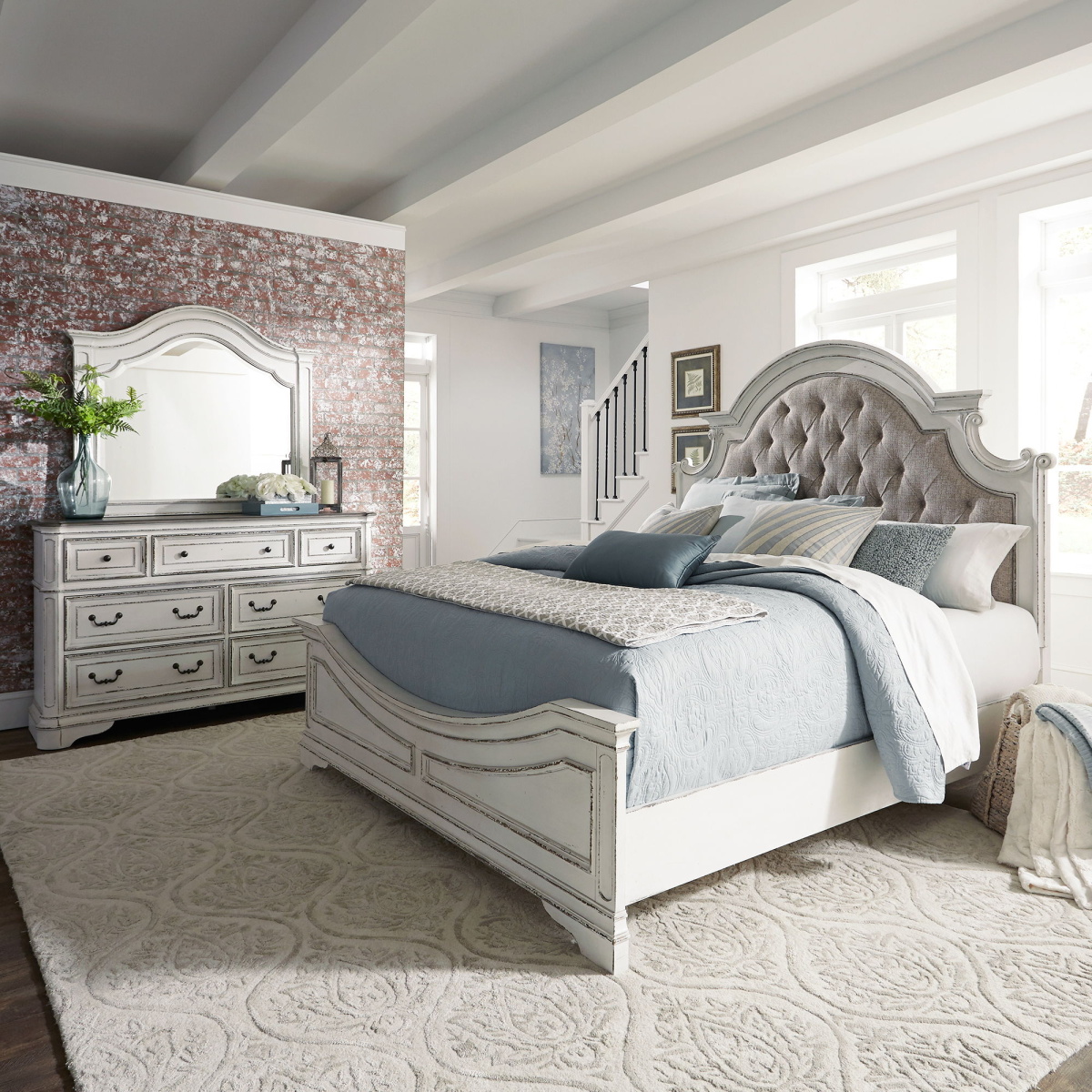 964acdd414eef90e2af1dd221239135c Magnolia Manor - Queen Upholstered Bed Wooden Footboard, Dresser & Mirror - White - Image 1