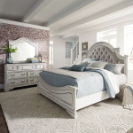 Magnolia Manor - Queen Upholstered Bed Wooden Footboard, Dresser & Mirror - White