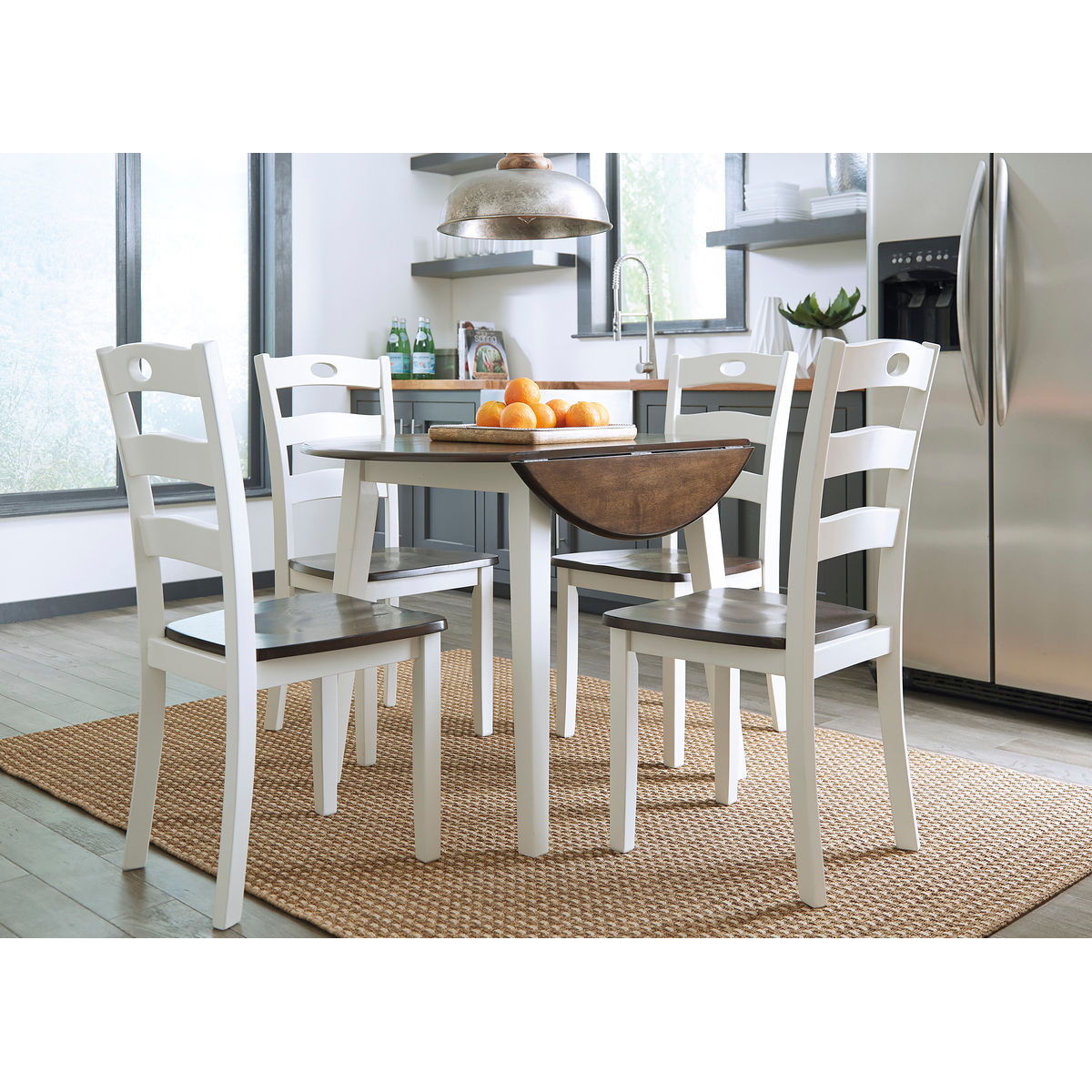 47607862a297a756b969a8b37774774a Woodanville - 5 Pc. - Drop Leaf Table, 4 Side Chairs - Cream / Brown - Image 1