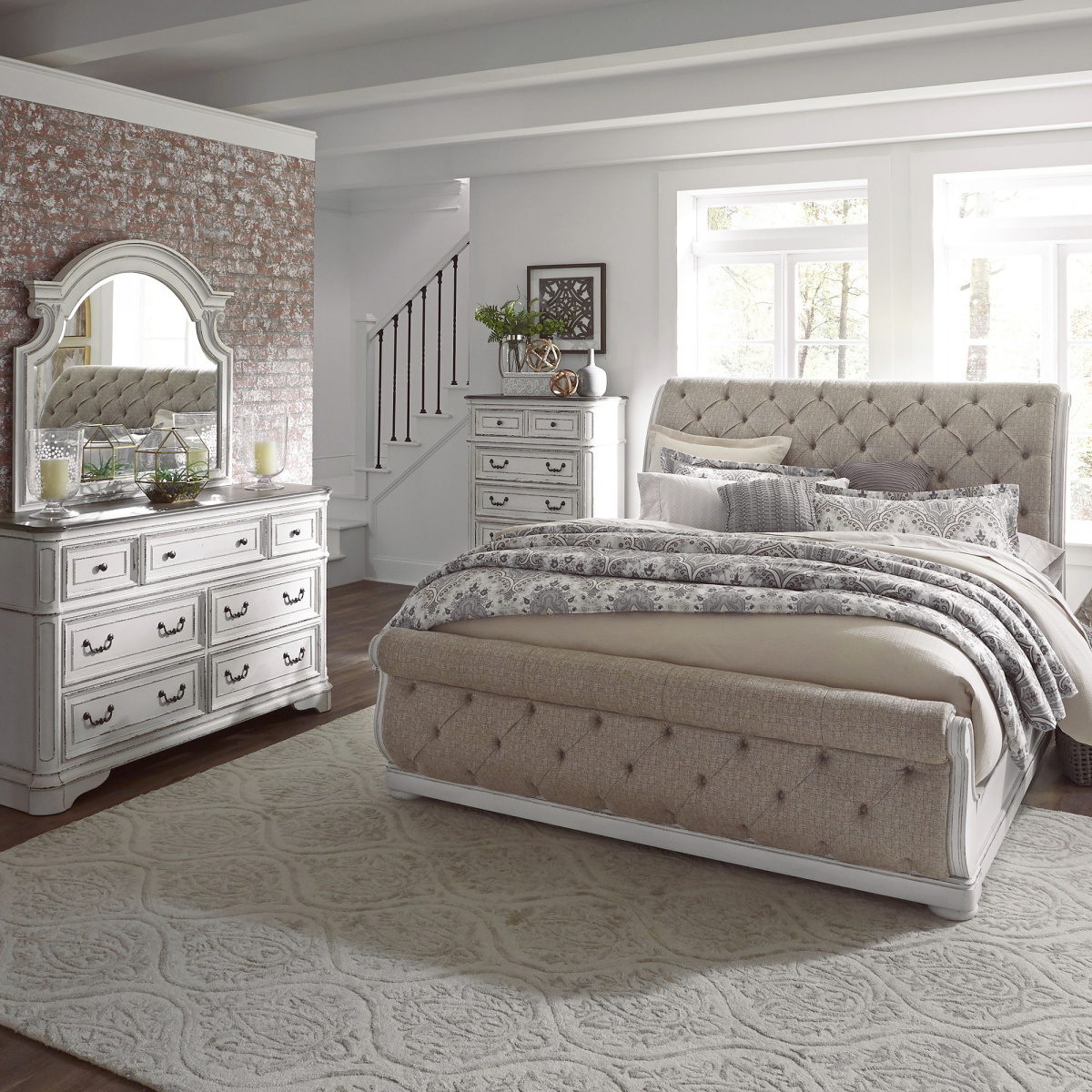 966318a8d9254a7155503101ce41f83b Magnolia Manor - 4 Piece Bedroom Set (California King Upholstered Sleigh Bed, Dresser & Mirror, Chest) - Antique White - Image 1