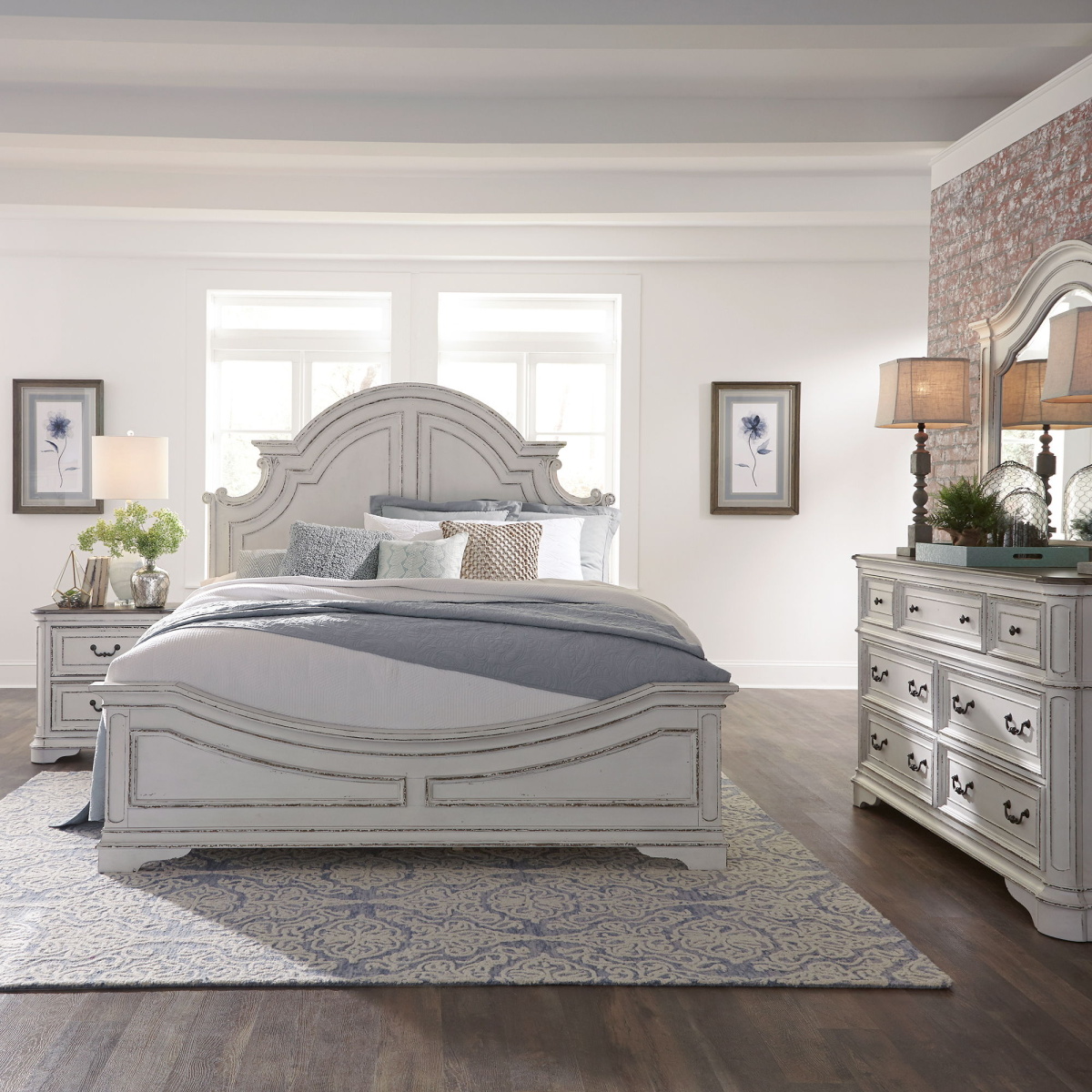60ee6c5a0c99ddb57691e436a7c5f422 Magnolia Manor - 4 Piece Bedroom Set (Queen Panel Bed, Dresser & Mirror, Nightstand) - Antique White - Image 1