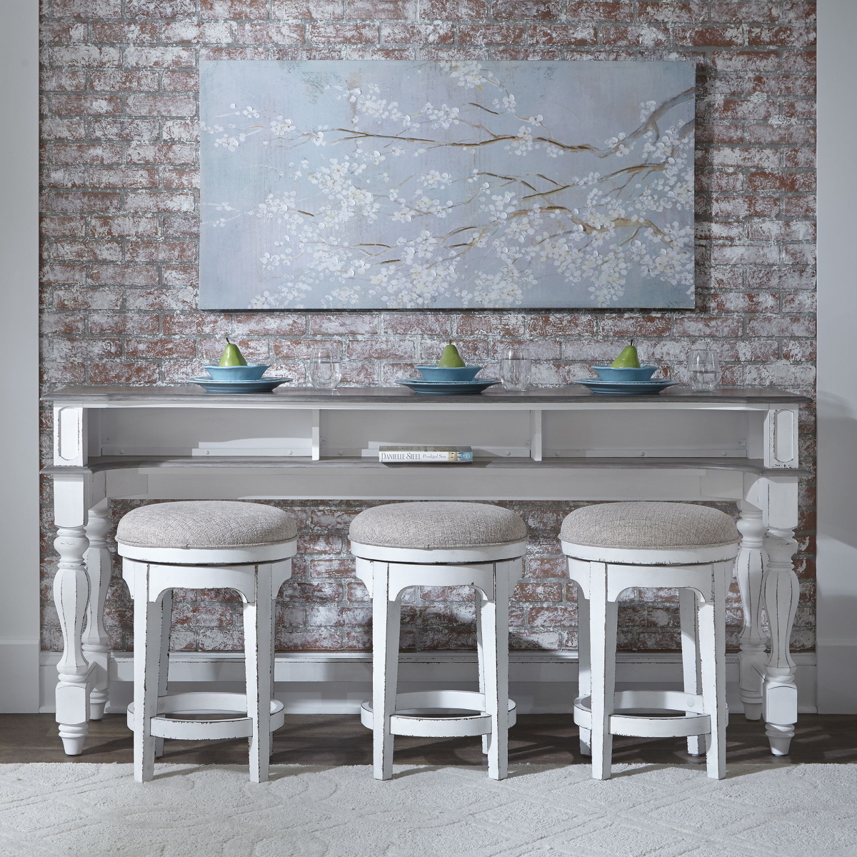 b4cf28b75110e2e820bb7bf9e090af3c Magnolia Manor - 4 Piece Console Set (1 Console 3 Stools) - White - Image 1