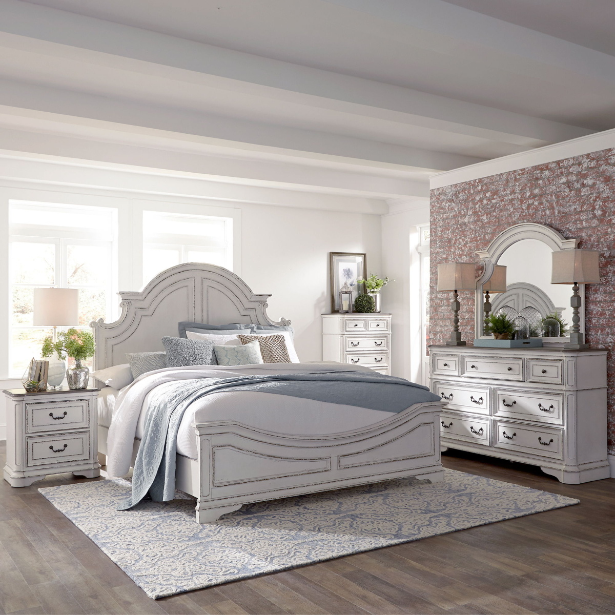 a46226609bea286f03bc7b859d5590c9 Magnolia Manor - 5 Piece Bedroom Set (Queen Panel Bed, Dresser & Mirror, Chest, Nightstand) - Antique White - Image 1