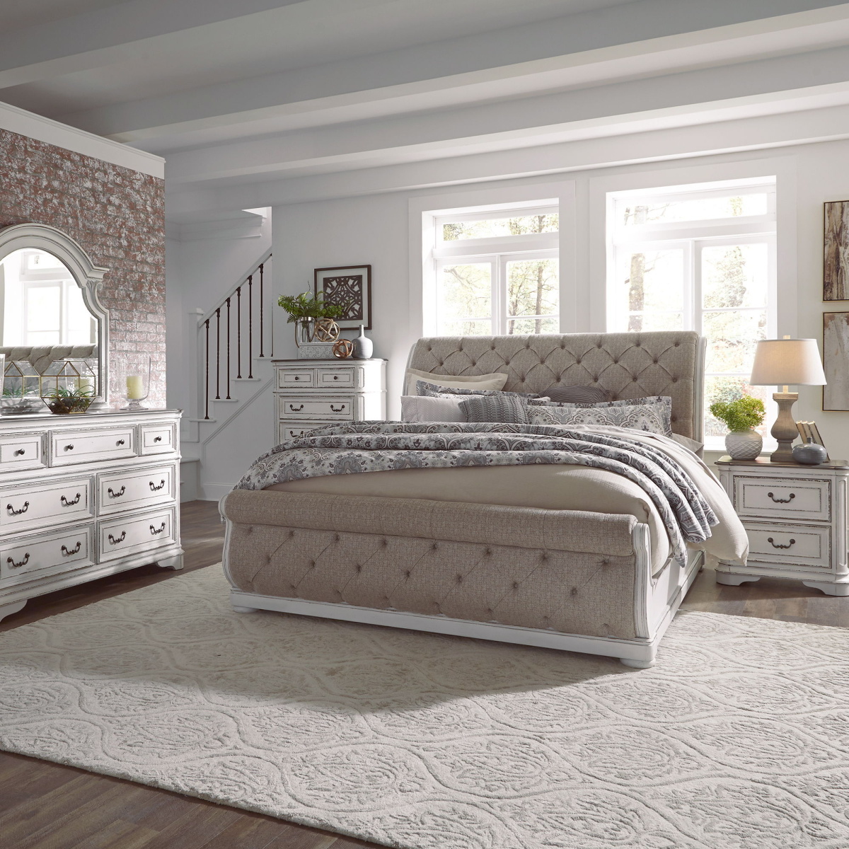 207e5a3e54641ce4defab984365dc2b1 Magnolia Manor - 5 Piece Bedroom Set (King Upholstered Sleigh Bed, Dresser & Mirror, Chest, Nightstand) - Antique White - Image 1