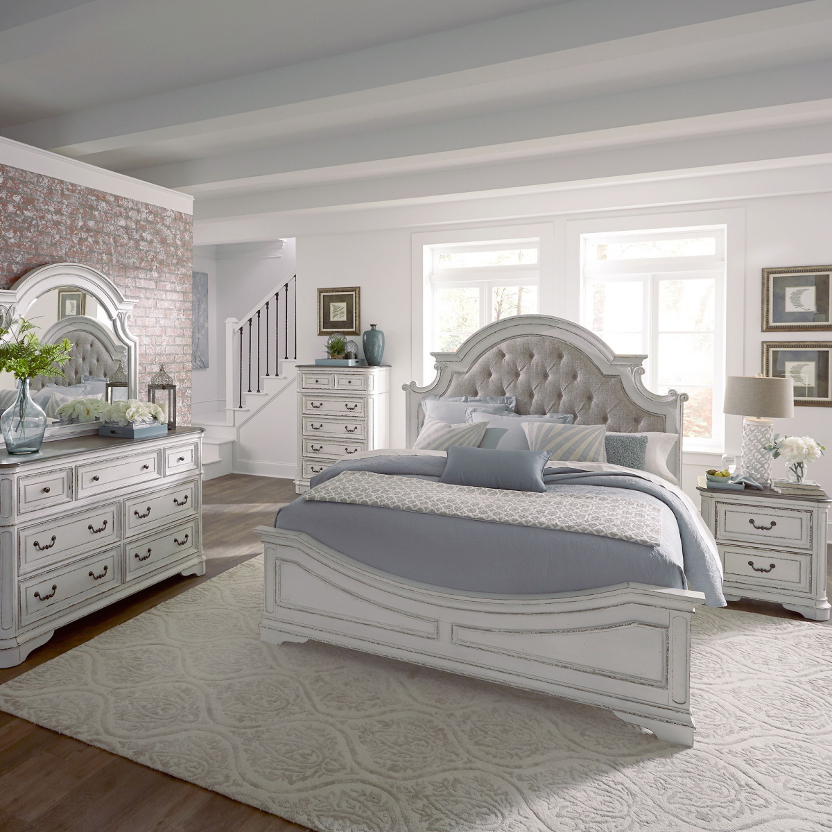 492386ebadb6915200dce4d2e1c1229f Magnolia Manor - 5 Piece Bedroom Set (King Upholstered Bed, Dresser & Mirror, Chest, USB Nightstand) - Antique White - Image 1