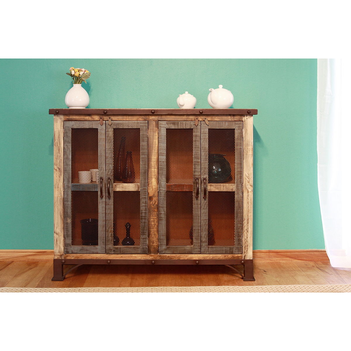 6084e32dcd142c3c18193d7b48c95c90 Antique - Multicolor 4 Iron Mesh Doors Console / Buffet - Image 1