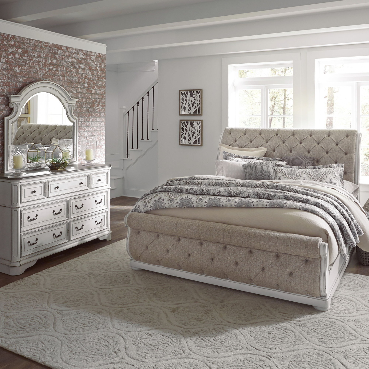 d457dfff887ee568abfd3a136ae157b5 Magnolia Manor - Queen Upholstered Sleigh Bed, Dresser & Mirror - White - Image 1