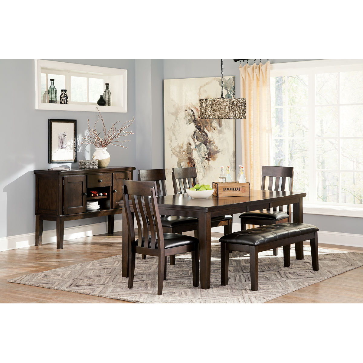 0c167c4835feee1ff87b73f23cf92f55 Haddigan - 6 Pc. - Extension Table, 4 Side Chairs, Bench - Dark Brown - Image 1