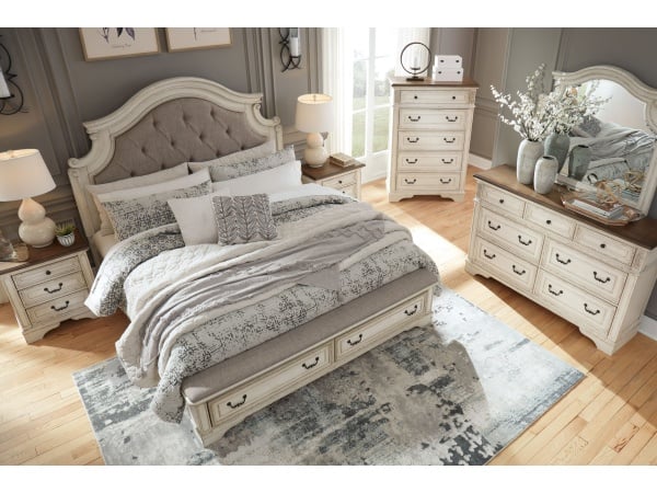 Realyn – California King Upholstered Bed – 6 Pc. – Dresser, Mirror, Chest, Cal King Bed – White / Brown / Beige Bedroom Sets