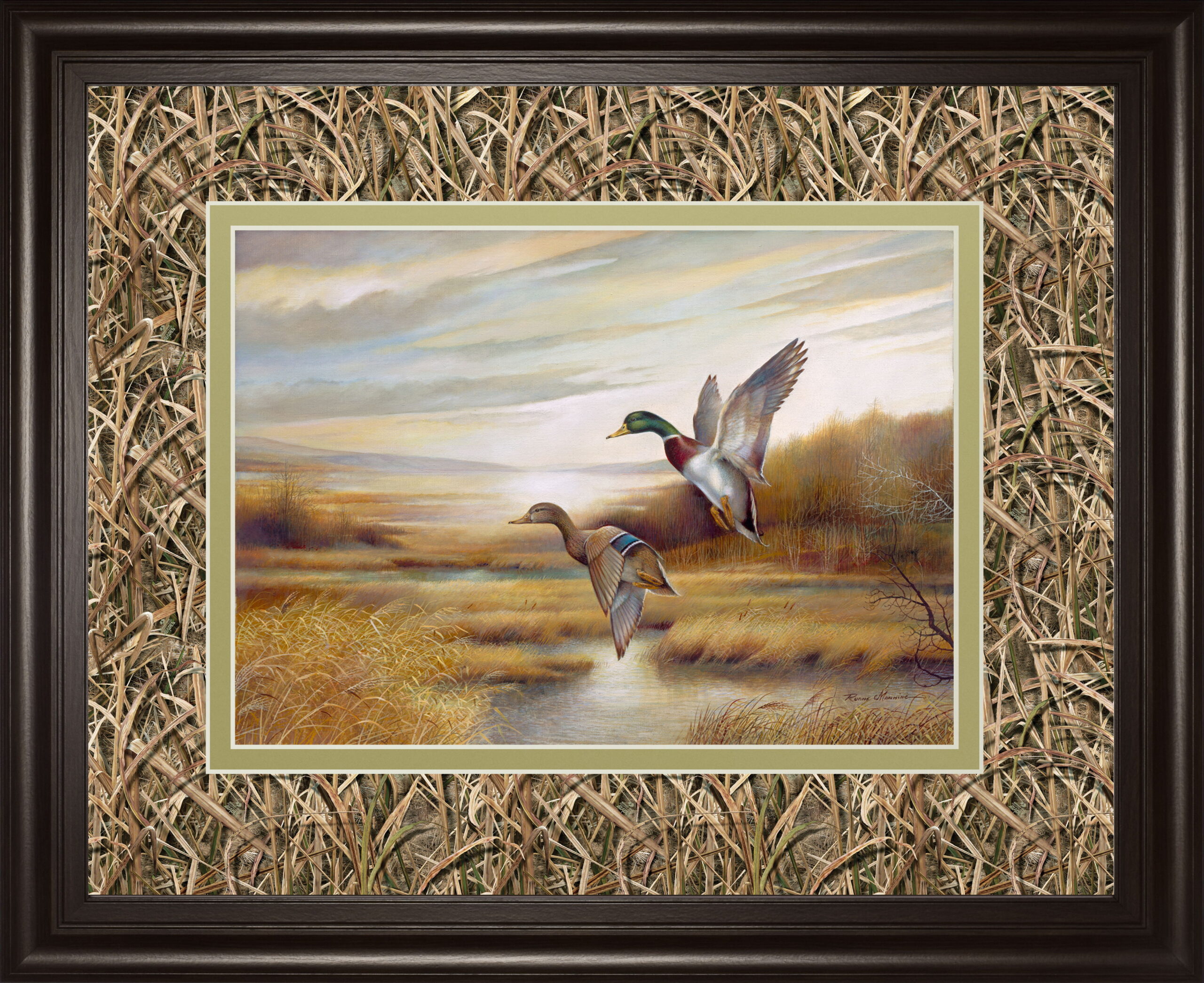 34x40 Mallards By Ruanne Manning And Mossy Oak Native Living - Framed Print Wall Art - Light Brown