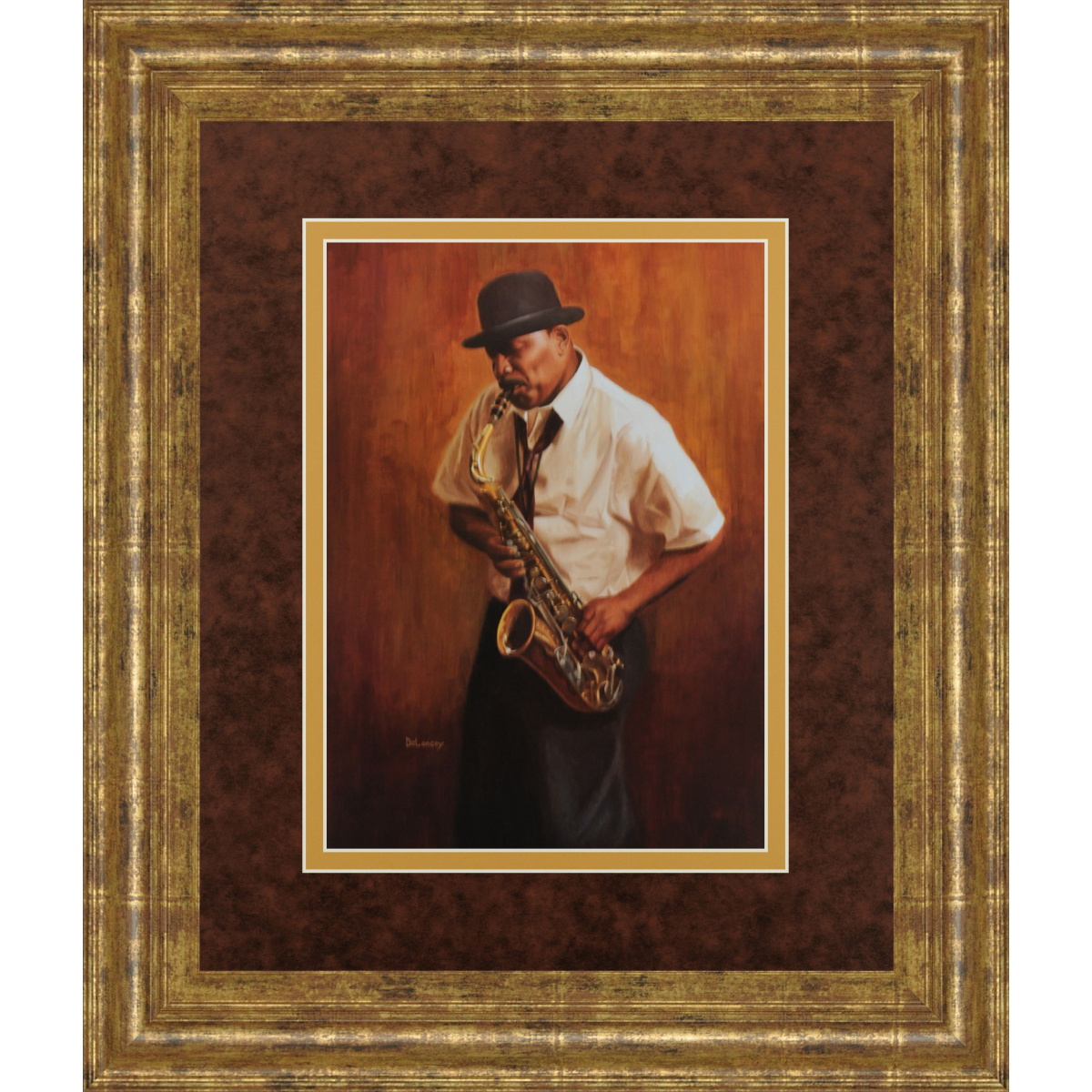 895cc066a0b7893748ee39ce36475dd8 Sax Man By Delancy - Framed Print Wall Art - Orange - Image 1