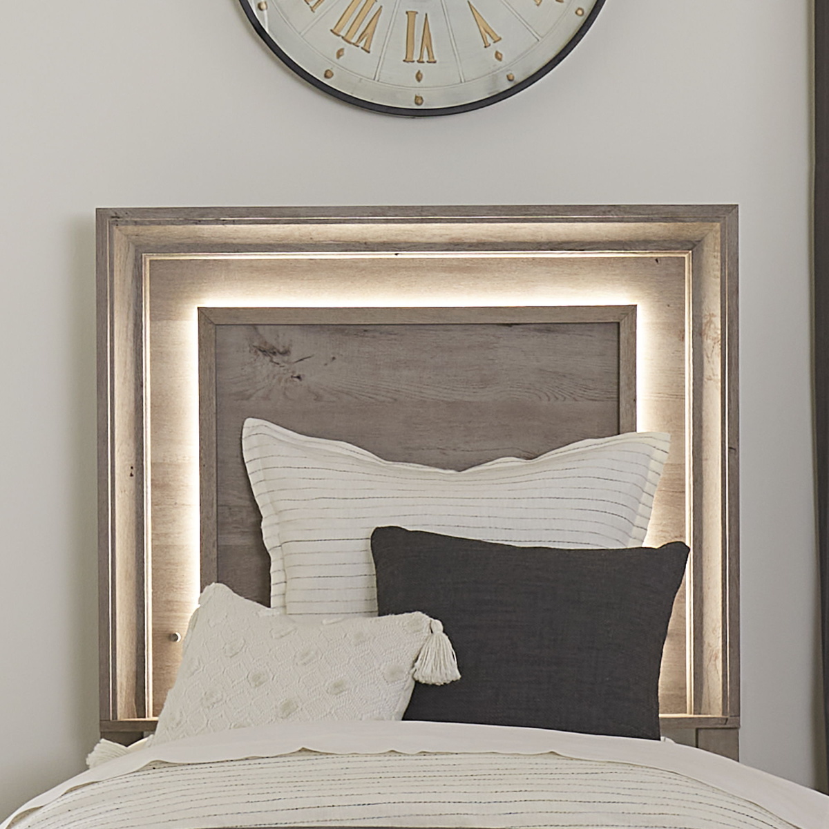 91b86b5973784556ba02103dd87f577a Horizons - Twin Panel Headboard with Lights - Medium Gray - Image 1