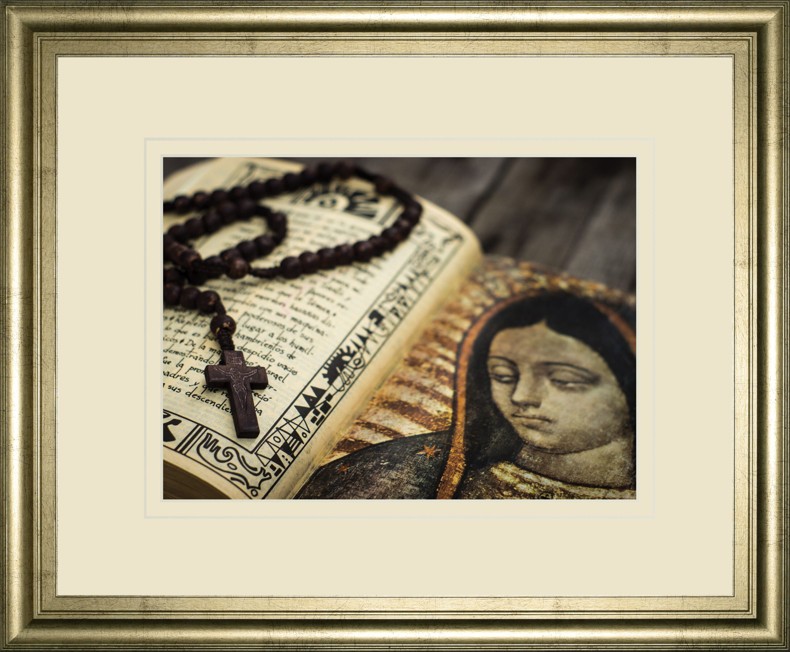 Rosary In Bible By Kbuntu - Framed Print Wall Art - Beige