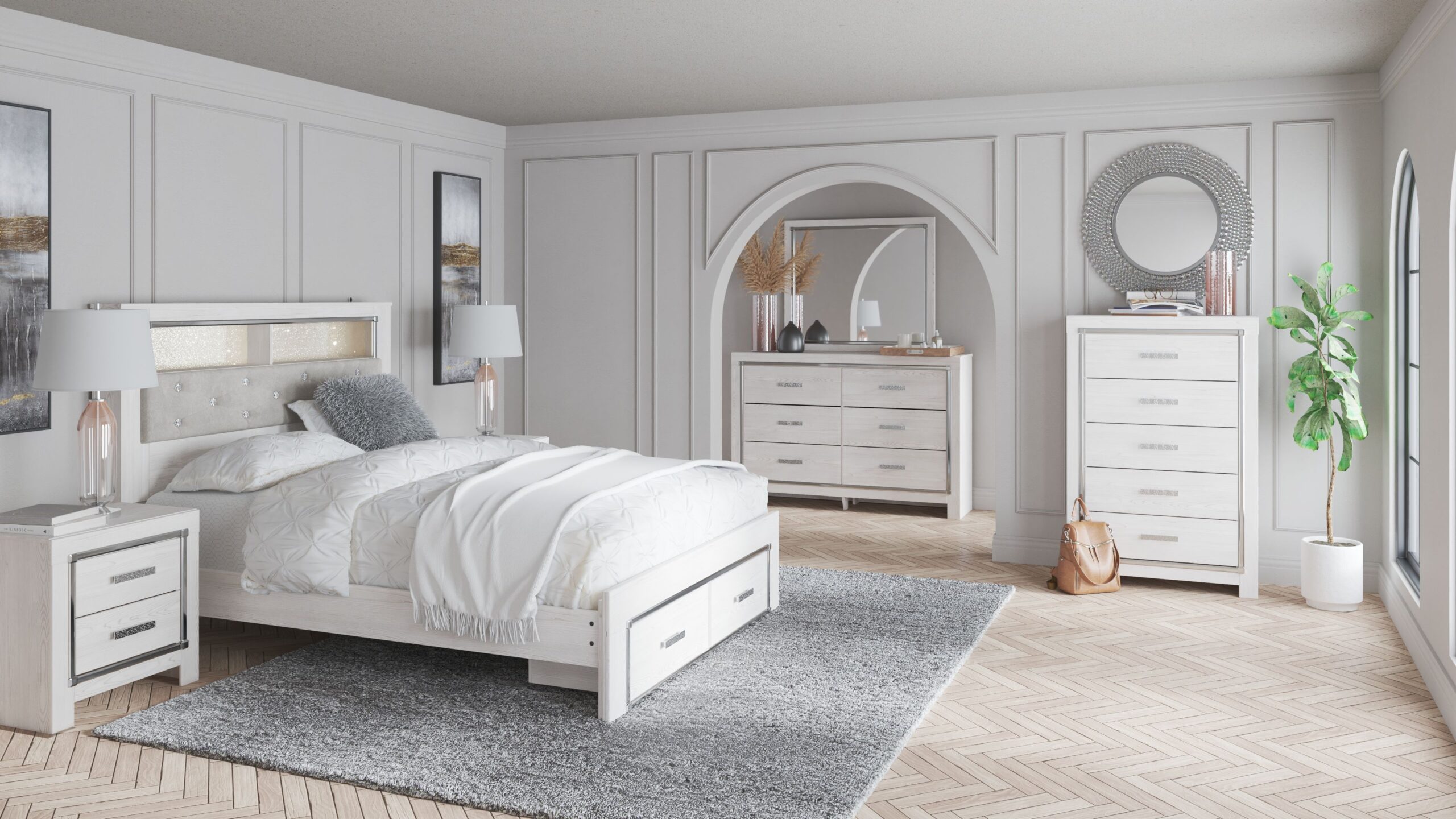 Altyra - King Upholstered Bookcase Bed With Storage - 8 Pc. - Dresser, Mirror, King Bed, 2 Nightstands - White