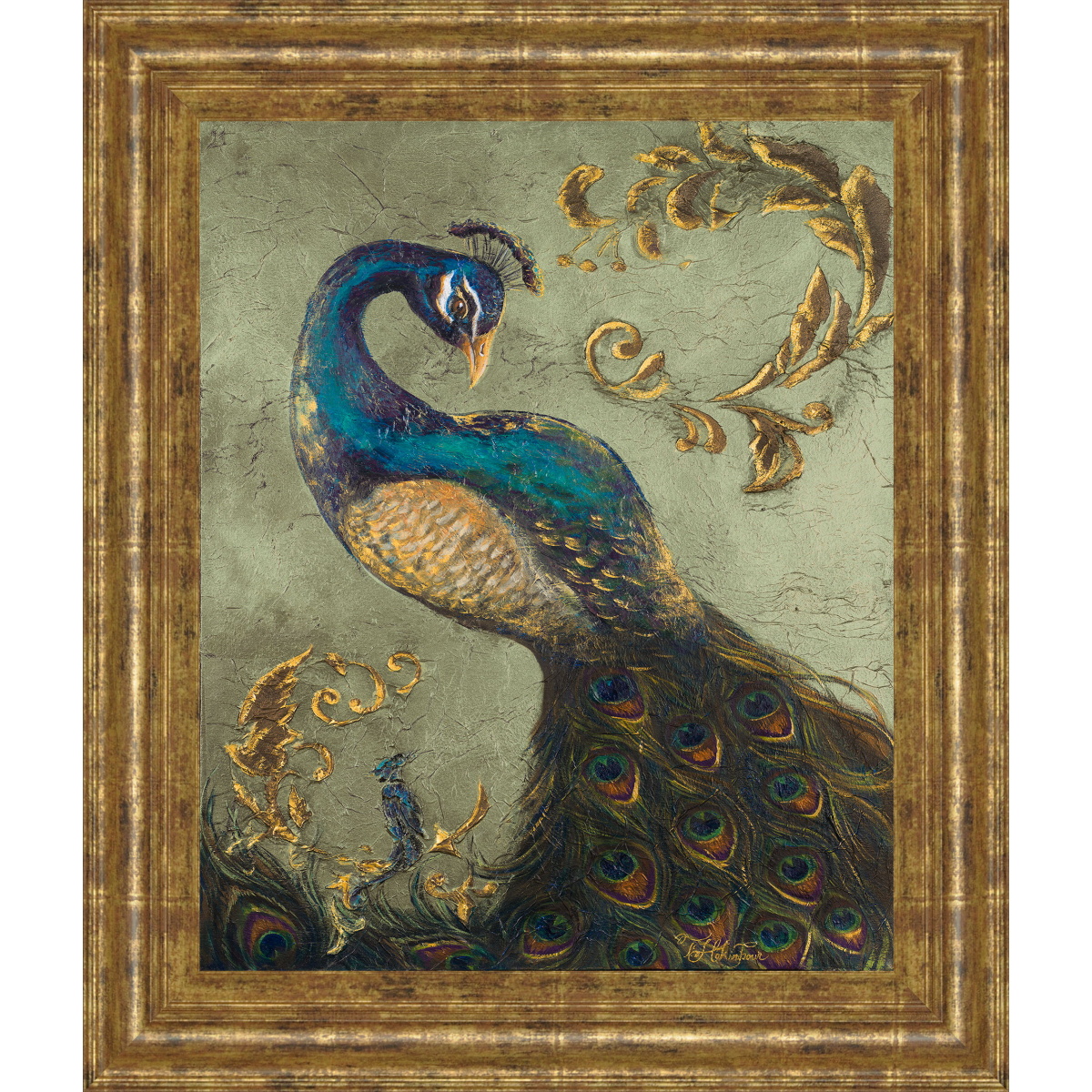 e974cffb29c990d5a04f1edd09ece573 22x26 Peacock On Sage Il By Tiffany Hakimipour - Framed Print Wall Art - Blue - Image 1