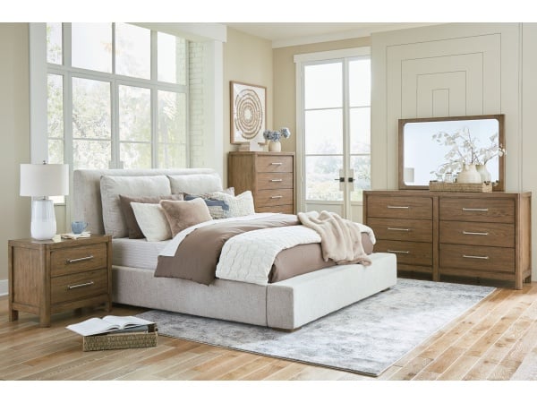 Cabalynn – 5 Pc. – Dresser, Mirror, Chest, California King Upholstered Bed – Light Brown Bedroom Sets