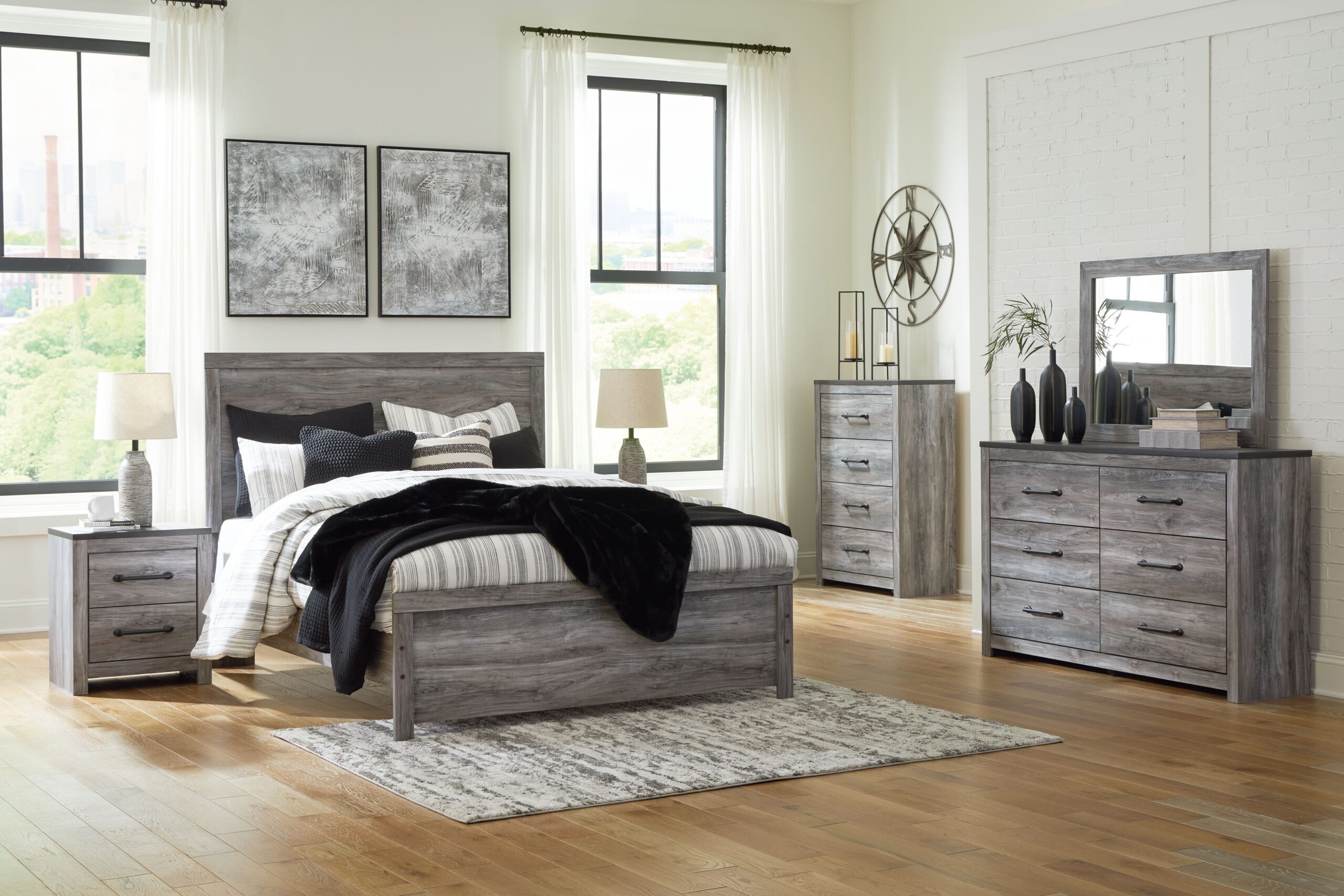 Bronyan - Queen Panel Bed - 5 Pc. - Dresser, Mirror, Chest, Queen Bed - Dark Gray