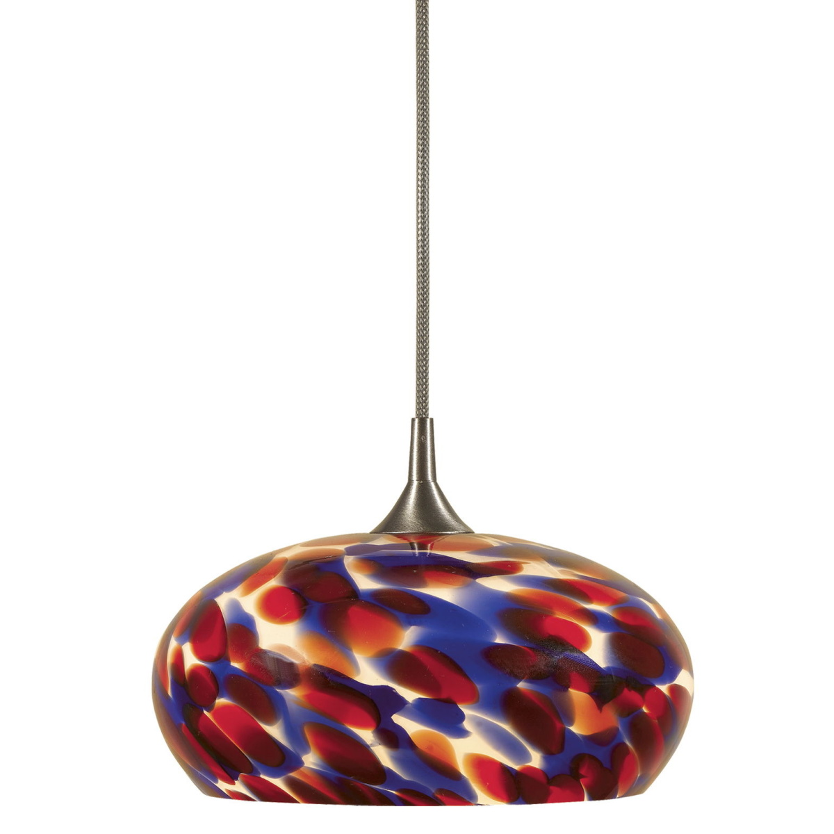 7172e0de2b55e701b7cb253c56b5fa7b 4.9" Height Glass and Metal Pendant With Brushed Steel Cord - Red Blue Spot - Image 1