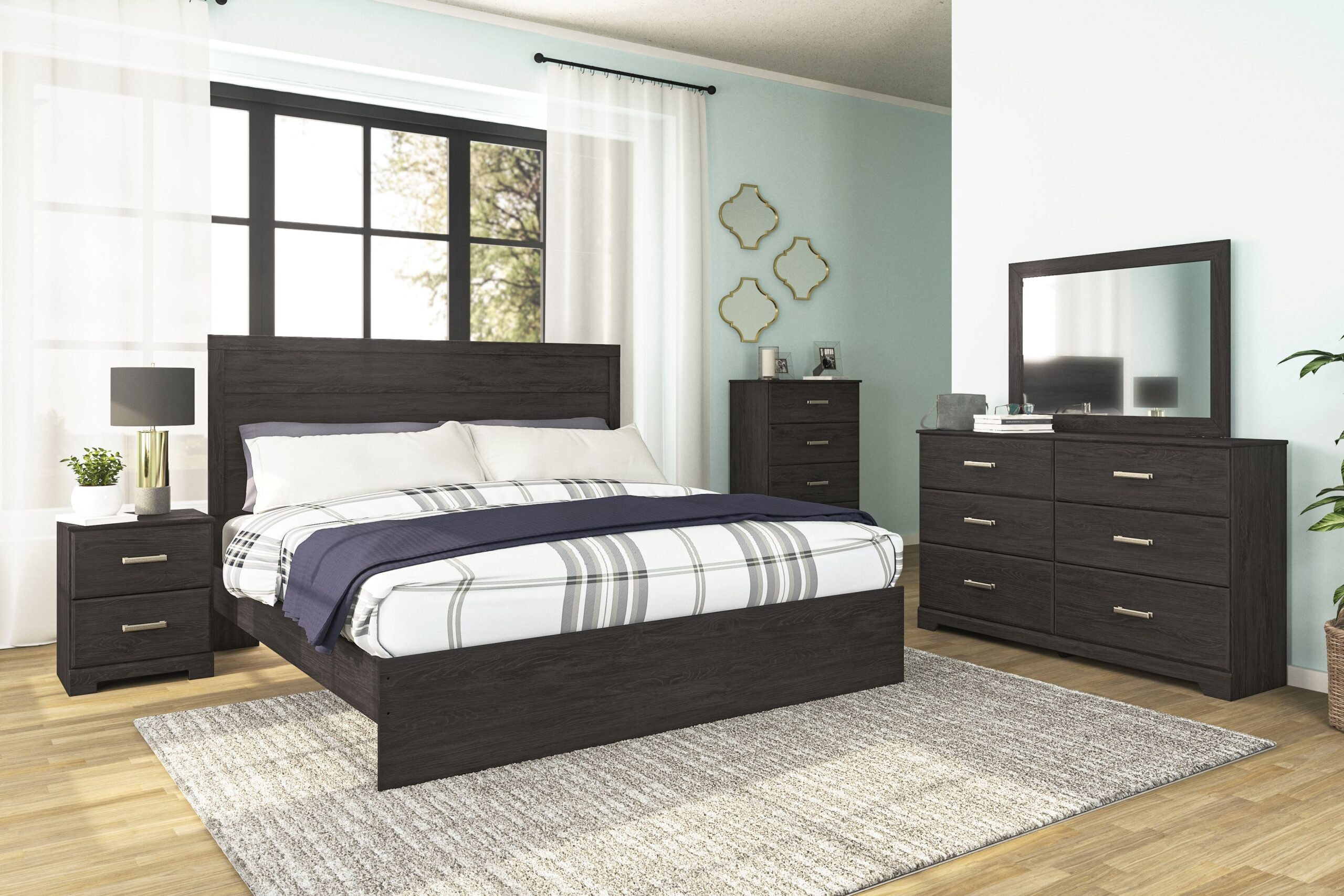 73e9029f1f4408bdeb8b62cb6175fcd9 Belachime - 5 Pc. - Dresser, Mirror, King Panel Bed, 2 Nightstands - Black - Image 1