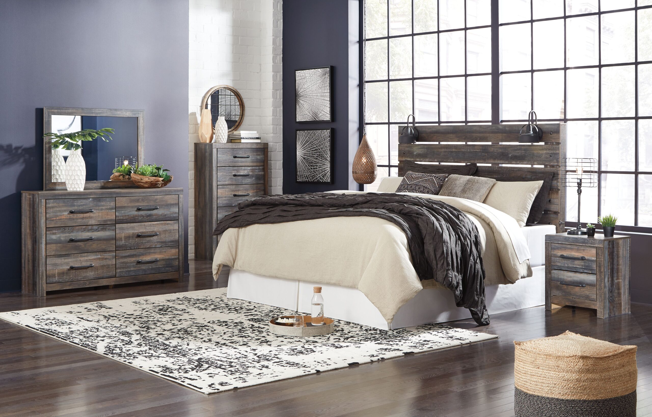 Drystan - 6 Pc. - Dresser, Mirror, Chest, King Panel Headboard, Nightstand, Bed Frame - Dark Gray