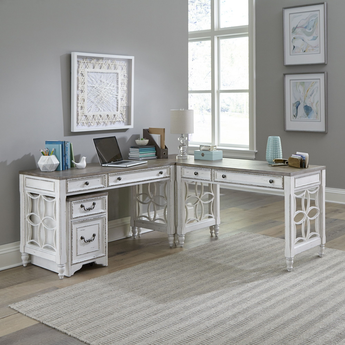 01958d850893231b2f15b62800c1dd59 Magnolia Manor - 4 Piece Home Office Set (L Shaped Desk With Corner Filler) - Antique White - Image 1