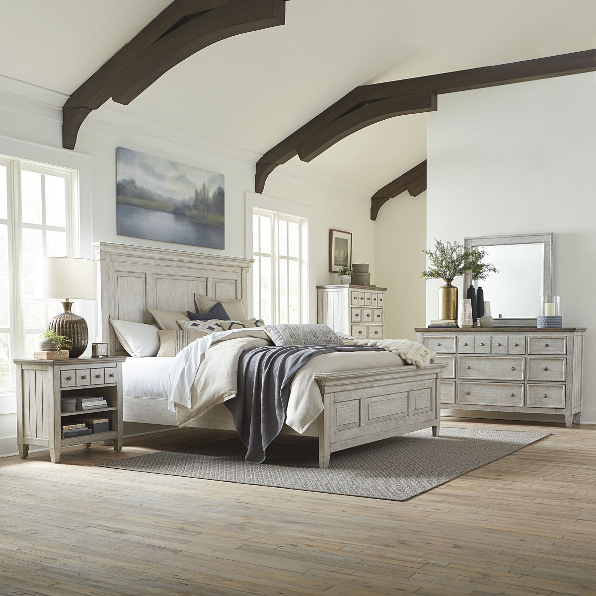 05050fb9ef4fcd783a9b659948b4eef4 Heartland - 5 Piece Bedroom Set (California King Panel Bed, Dresser & Mirror, Chest, Nightstand) - White - Image 1