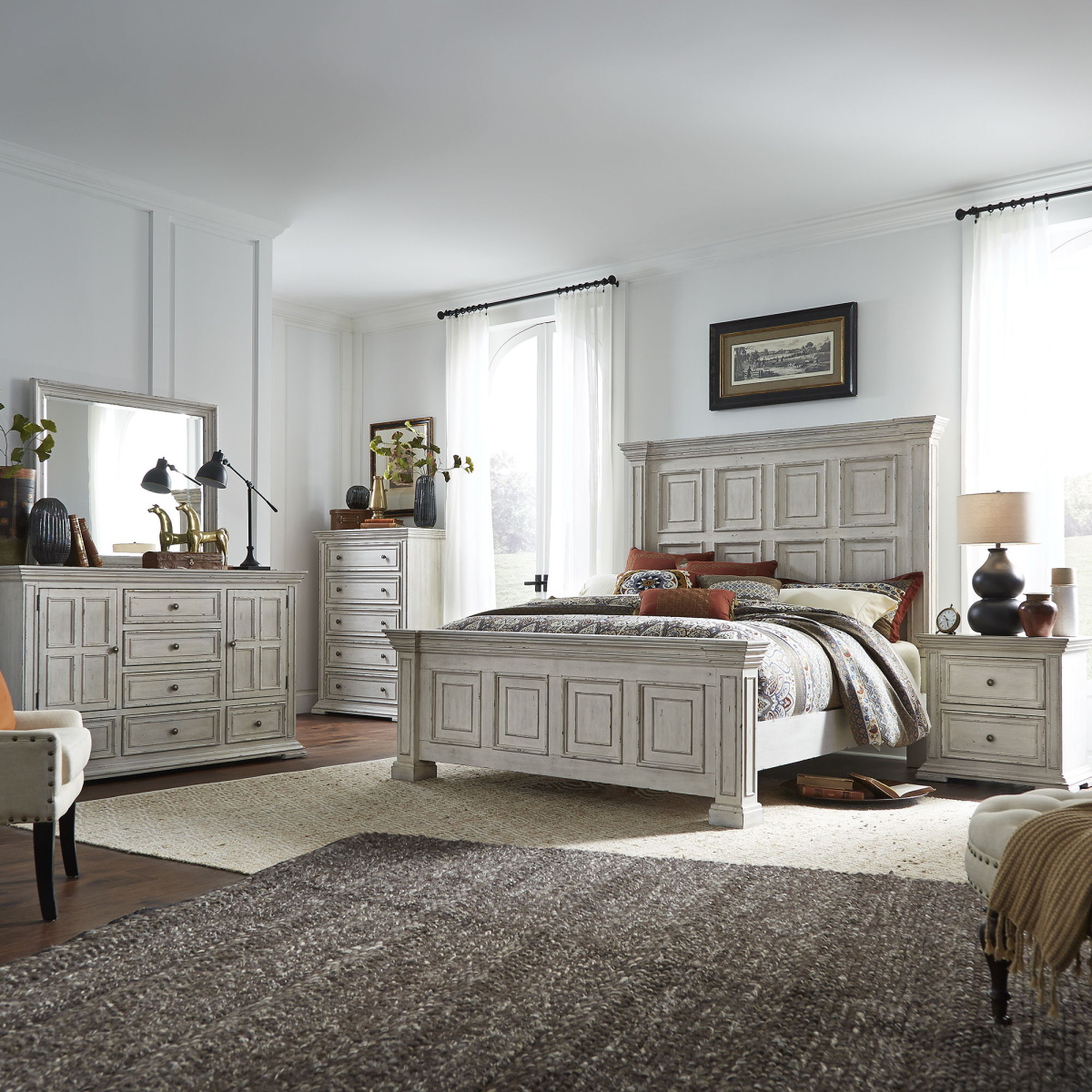 08787c8efa4a8dfd78adc773b4415340 Big Valley - 5 Piece Bedroom Set (California King Panel Bed, Dresser & Mirror, Chest, Nightstand) - Whitestone - Image 1