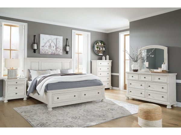 Robbinsdale – 6 Pc. – Dresser, Mirror, Chest, King Panel Storage Bed – Antique White Bedroom Sets