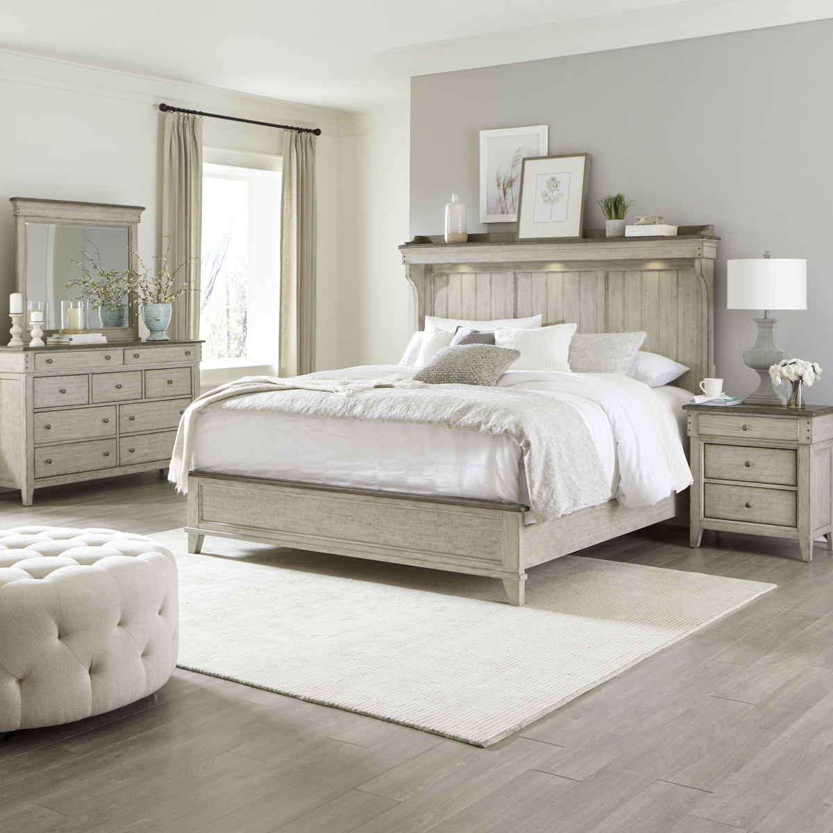 121dbb24c3cdfdb10bf6f8d53f1fe470 Ivy Hollow - 4 Piece Bedroom Set (King Mantle Bed, Dresser & Mirror, Nightstand) - White - Image 1