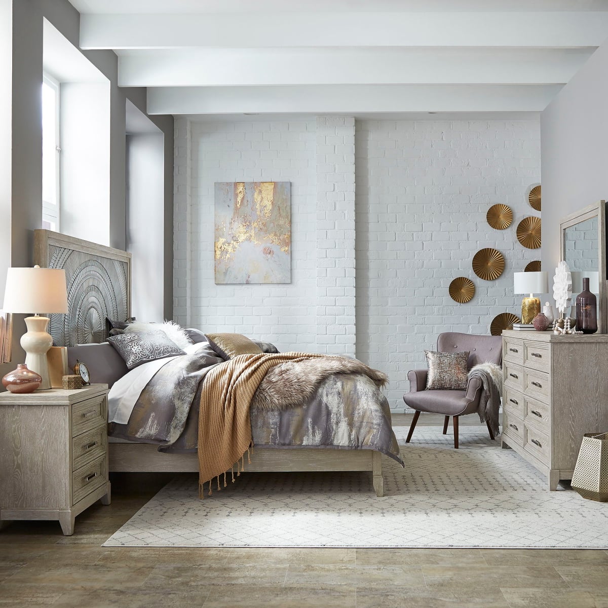 16625923a4ff6877d2377847b2a08718 Belmar - 4 Piece Bedroom Set (King Panel Bed, Dresser & Mirror, Nightstand) - Washed Taupe - Image 1