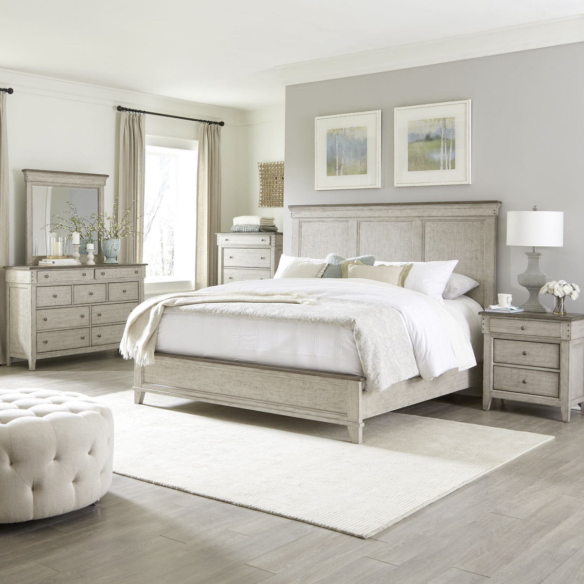 1971b2f6c939d7e9e63381c95887d005 Ivy Hollow - 5 Piece Bedroom Set (King Panel Bed, Dresser And Mirror, Chest, Nightstand) - Weathered Linen / Dusty Taupe - Image 1