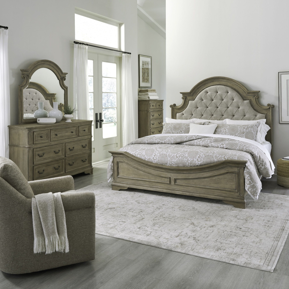 266f673ea19652d66f1c01a17cb1a84c Magnolia Manor - 4 Piece Bedroom Set (Queen Upholstered Bed, Dresser & Mirror, Chest) - Light Brown - Image 1