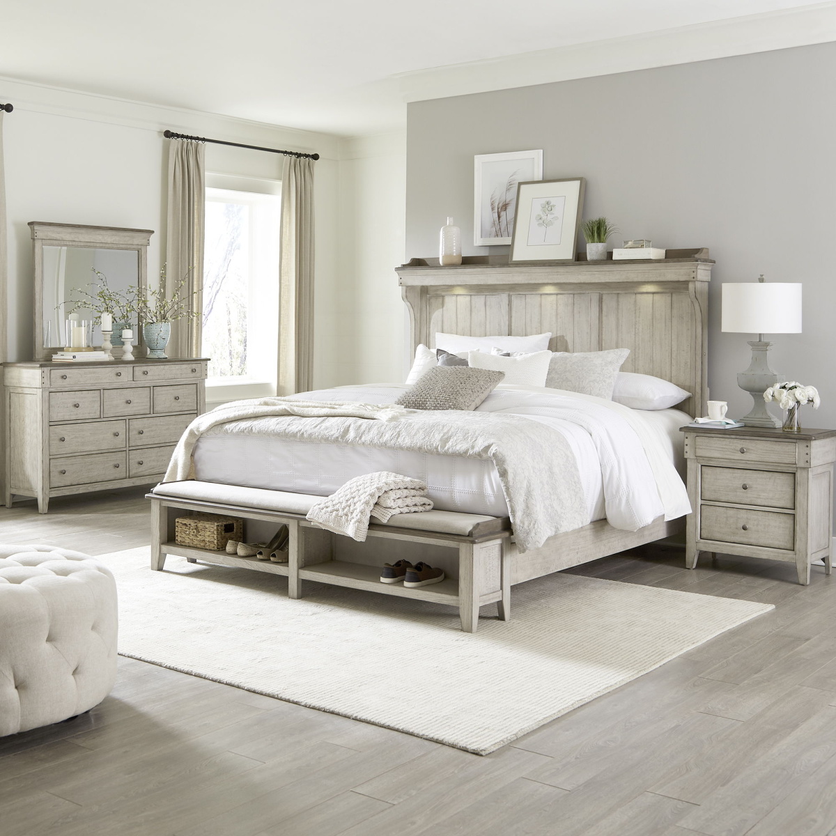 295410346b4d249ade7295e768c1bb9f Ivy Hollow - 4 Piece Bedroom Set (King Mantle Storage Bed, Dresser & Mirror, Nightstand) - White - Image 1