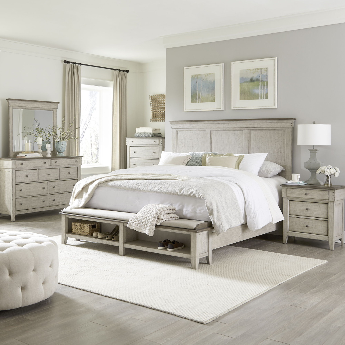 2db4aa65d4125c1abcf9c6e39d9f0fa6 Ivy Hollow - 5 Piece Bedroom Set (King Storage Bed, Dresser & Mirror, Chest, Nightstand) - Weathered Linen / Dusty Taupe - Image 1