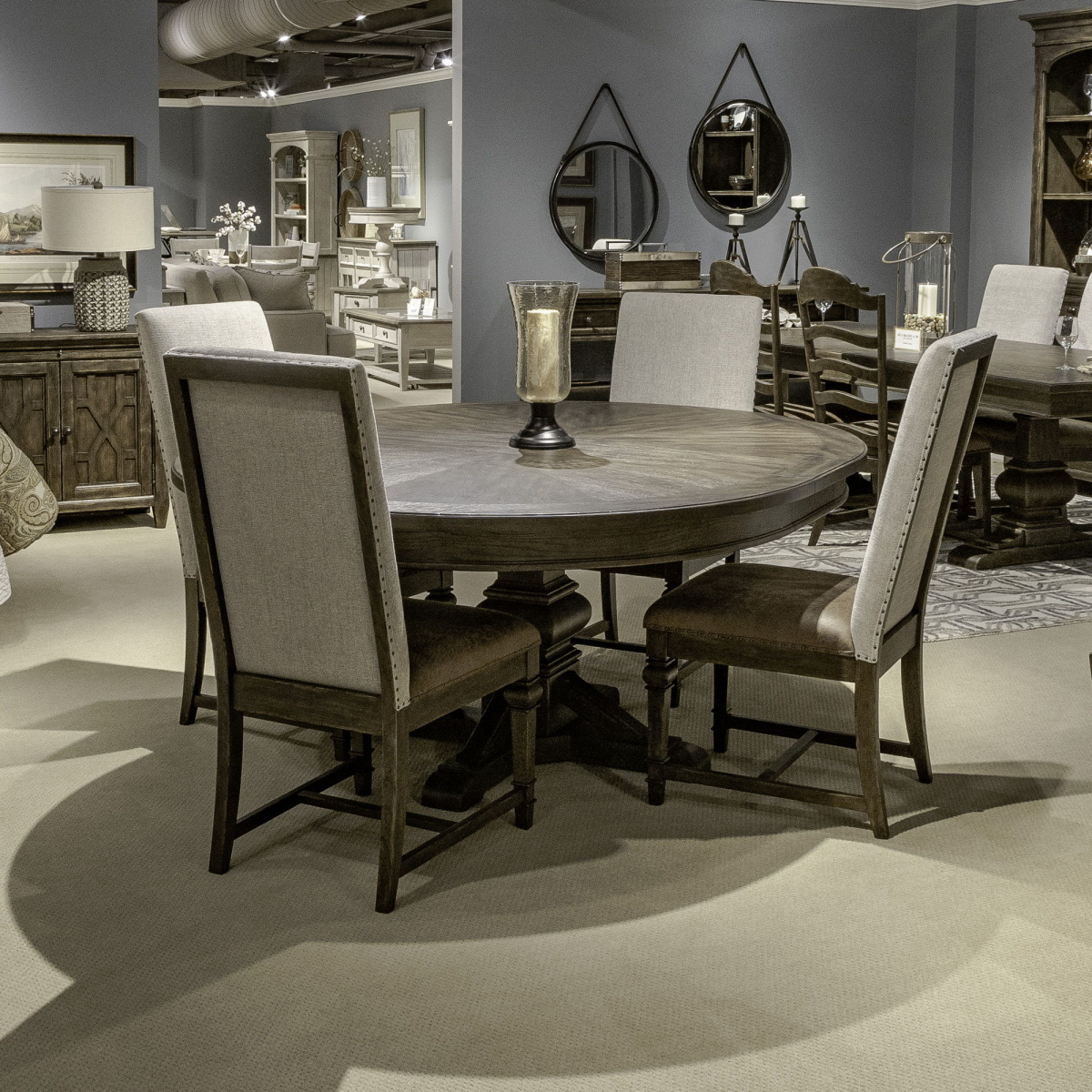 3326ce6ad03aa9d35825522155bb146e Paradise Valley - 5 Piece Pedestal Table Set (Upholstered Side Chairs) - Saddle Brown - Image 1