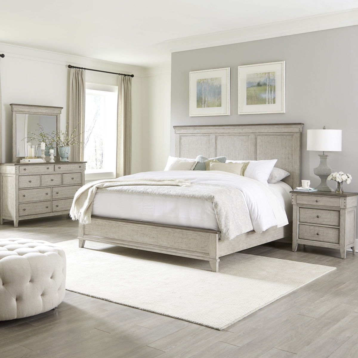 3c71b19a599a1e60cf4c4d5a35f50792 Ivy Hollow - 4 Piece Bedroom Set (King Panel Bed, Dresser & Mirror, Nightstand) - Weathered Linen / Dusty Taupe - Image 1
