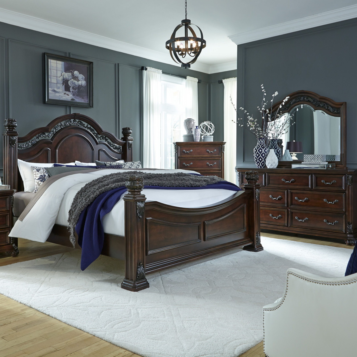 424edd937560610d42e471374e01ac23 Messina Estates - 4 Piece Bedroom Set (King Poster Bed, Dresser & Mirror, Chest) - Dark Brown - Image 1