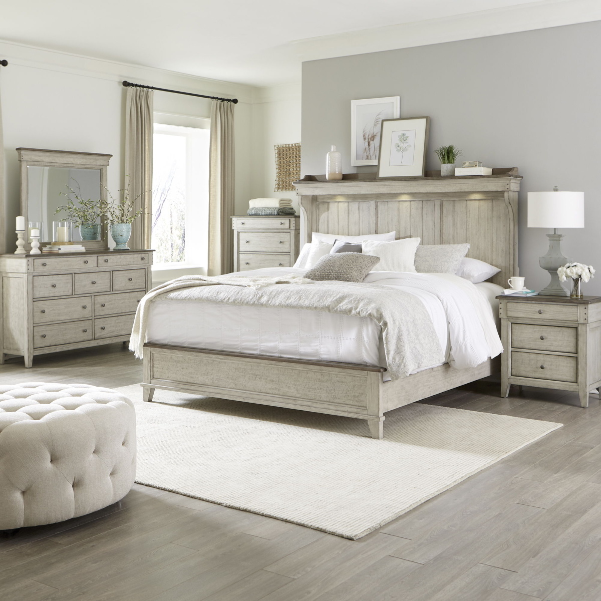 42b134ec7b0ab6b522baf3500fde4af5 Ivy Hollow - 5 Piece Bedroom Set (Queen Mantle Bed, Dresser & Mirror, Chest, Nightstand) - Weathered Linen / Dusty Taupe - Image 1