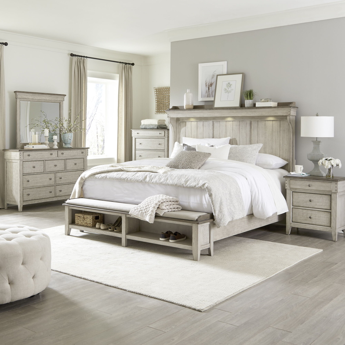 45e311781080e43d809a92fff9fc08c2 Ivy Hollow - 5 Piece Bedroom Set (Queen Mantle Storage Bed, Dresser & Mirror, Chest, Nightstand) - Weathered Linen / Dusty Taupe - Image 1
