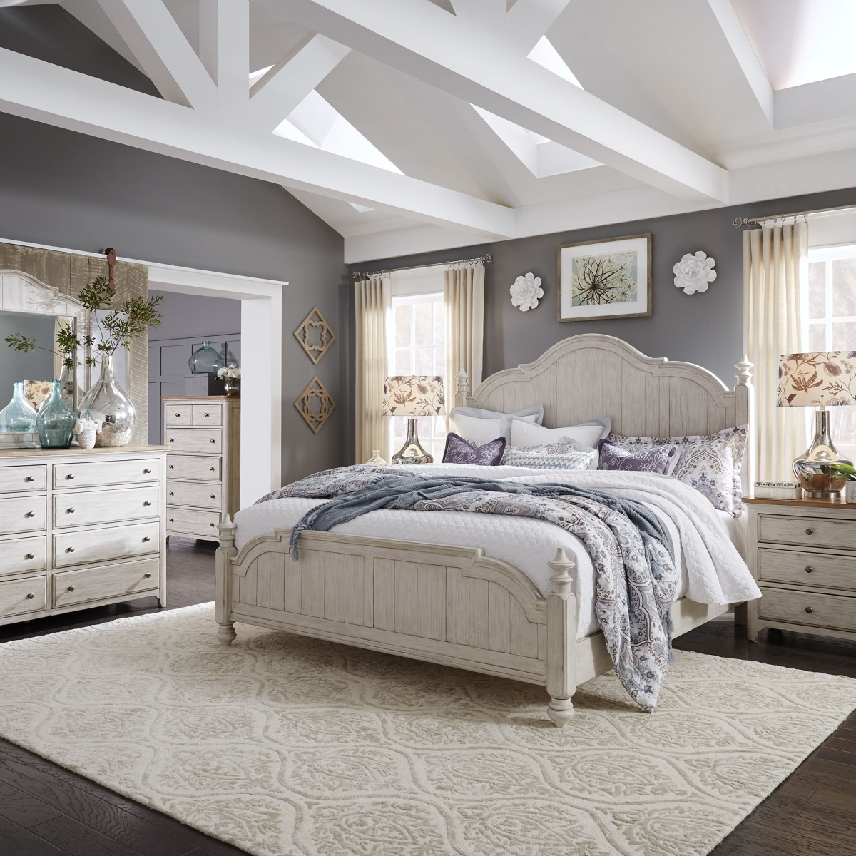 472d26e89caba89084e1d5f3ef256965 Farmhouse Reimagined - 5 Piece Bedroom Set (King Poster Bed, Dresser & Mirror, Chest, Nightstand) - White - Image 1
