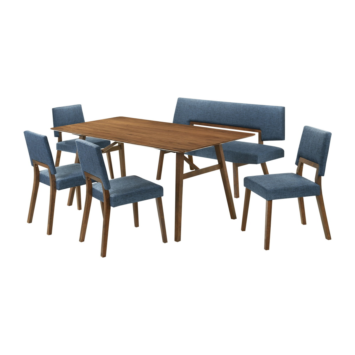 49564216d58002691210c0b06489b584 Channell - 6 Piece Walnut Wood Dining Table Set With Bench - Blue - Image 1
