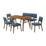 Channell - 6 Piece Walnut Wood Dining Table Set With Bench - Blue