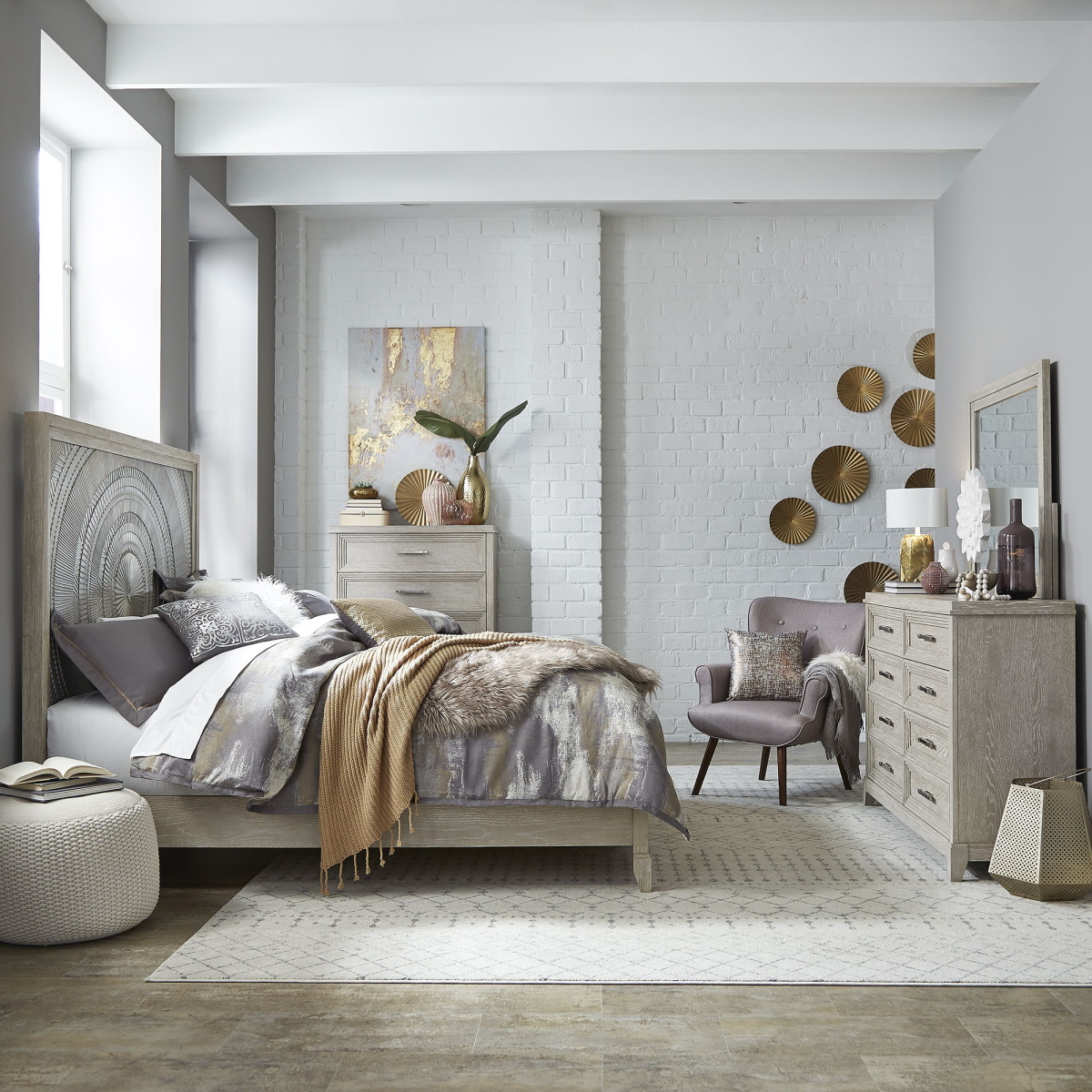 4a9f8c6b6168eada43d9dd34ec5103f0 Belmar - 4 Piece Bedroom Set (King Panel Bed, Dresser & Mirror, Chest) - Washed Taupe - Image 1