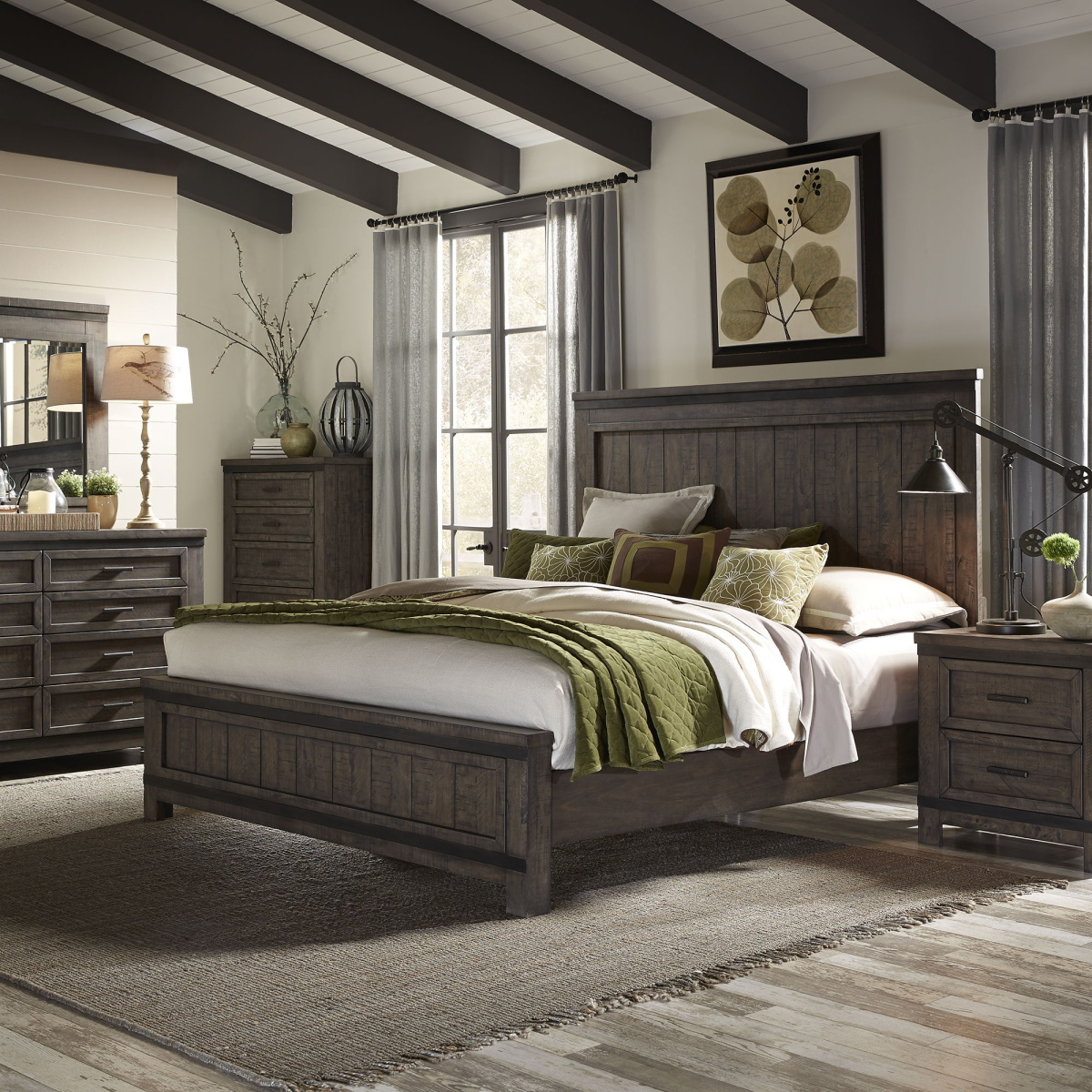 4b3b2380766ed7141edd858967266e95 Thornwood Hills - 5 Piece Bedroom Set (King Panel Bed, Dresser & Mirror, Chest, Nightstand) - Rock Beaten Brown - Image 1